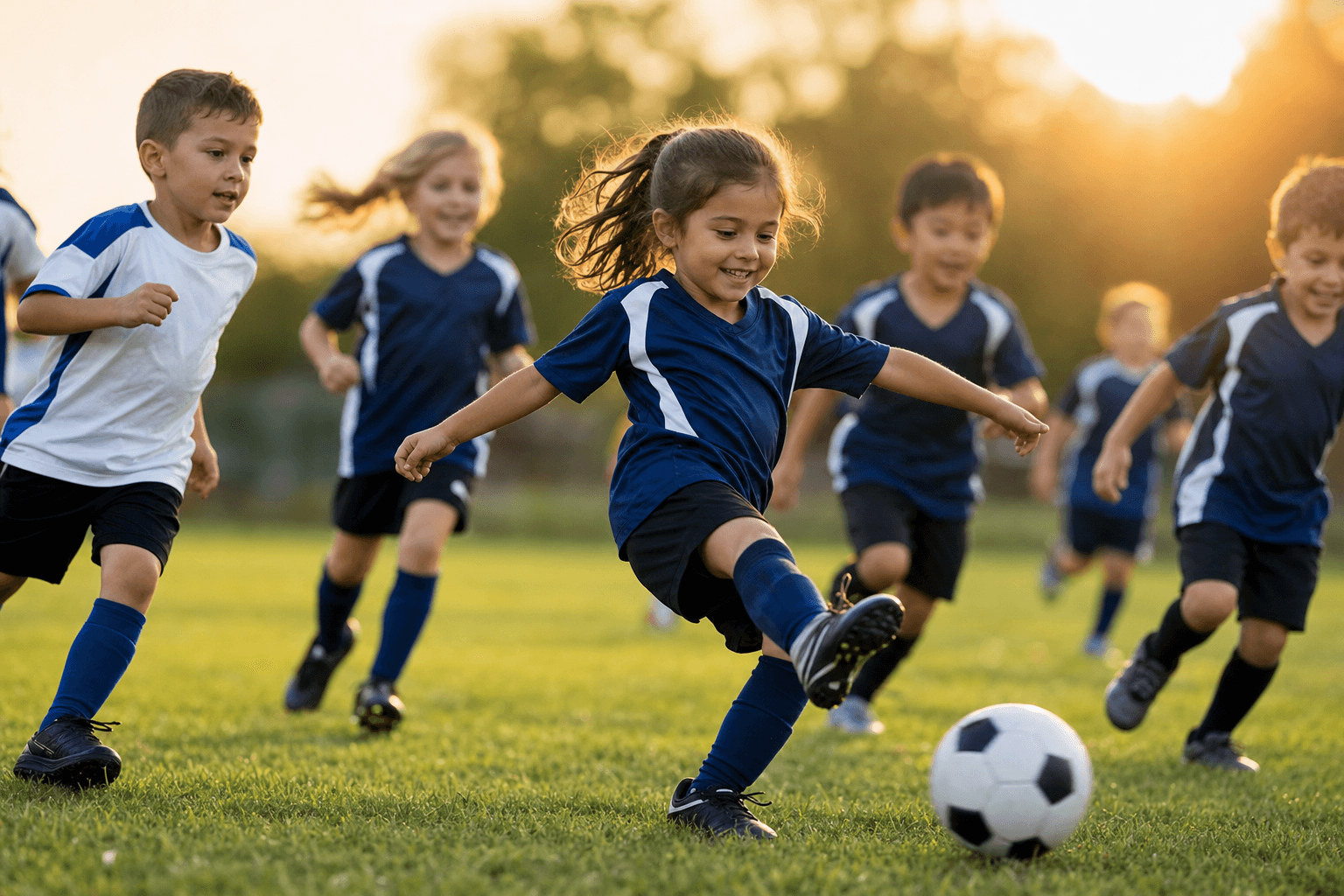 Kindergarten through 2nd grade children playing youth soccer
