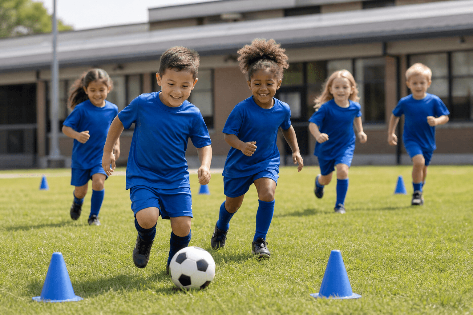 K–2 students running a soccer drill on a school field